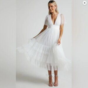 Showpo Jiraye Midi Dress - flutter sleeve tulle plunge dress in white